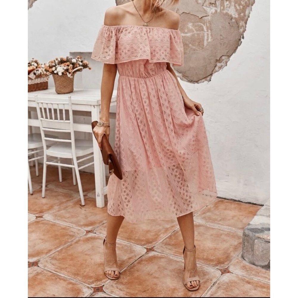 Pink Off The Shoulder Lace Midi Dress